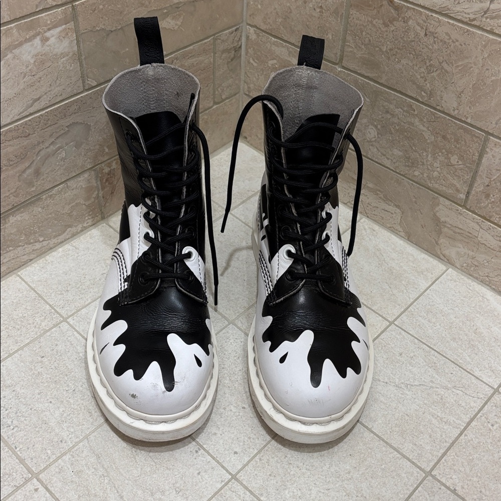Dr Martens Black and White Paint Spatter Lace Up Boots Size 37